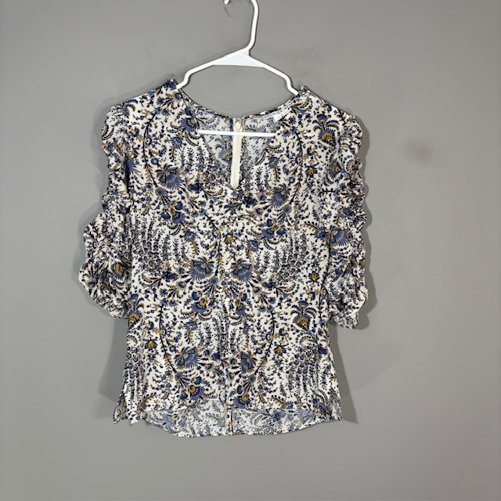 Veronica Beard Blouse Womens 6 White Floral Silk Puff Sleeve Zip Stretch Top